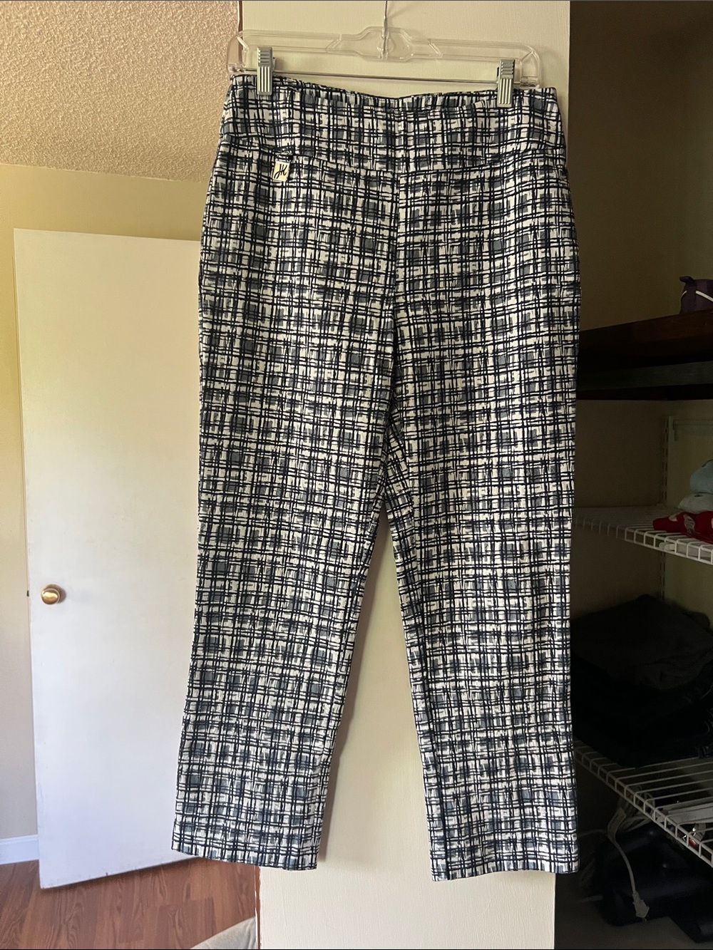 Joseph Ribkoff Navy and White Grid-Print Straight-Leg Pants